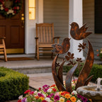 Garden Stake | Bird & Flower Silhouette | Weathered Iron Finish