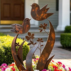 Garden Stake | Bird & Flower Silhouette | Weathered Iron Finish