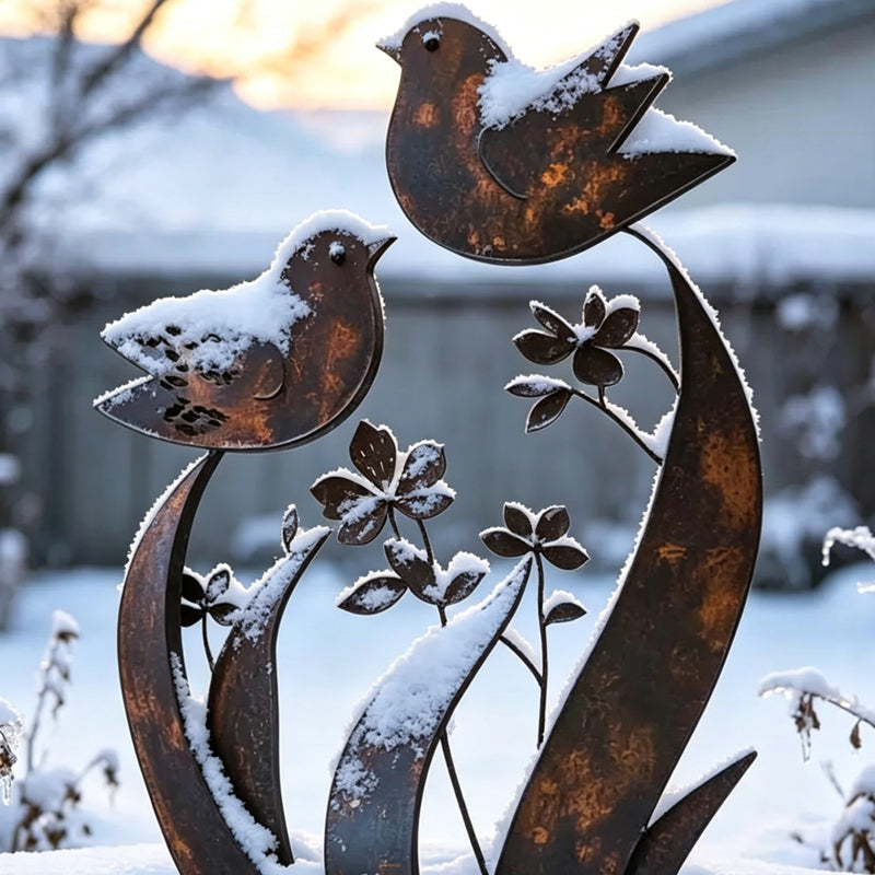 Garden Stake | Bird & Flower Silhouette | Weathered Iron Finish