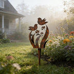Garden Stake | Bird & Flower Silhouette | Weathered Iron Finish