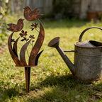 Garden Stake | Bird & Flower Silhouette | Weathered Iron Finish