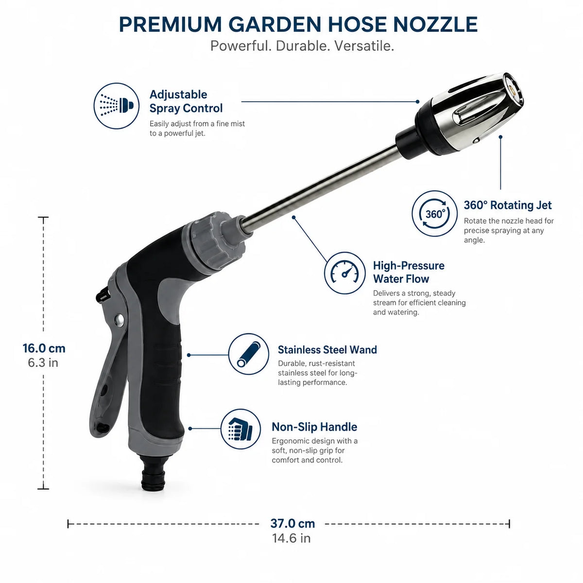 Garden Hose Nozzle | Stainless Steel & Adjustable High-Pressure