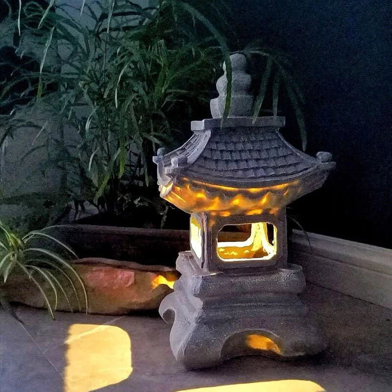 Garden Lamp | Zen Pagoda Stone-Effect & Solar-Powered | 34 cm