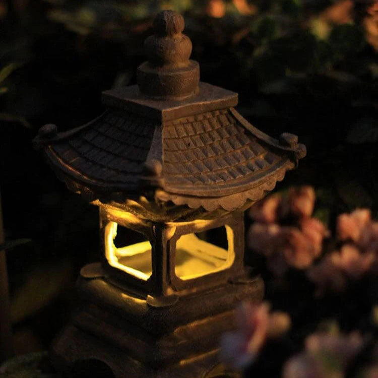 Garden Lamp | Zen Pagoda Stone-Effect & Solar-Powered | 34 cm