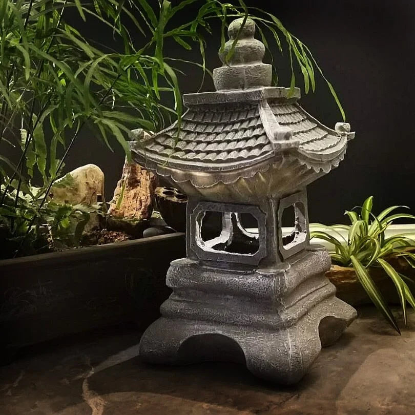 Garden Lamp | Zen Pagoda Stone-Effect & Solar-Powered | 34 cm
