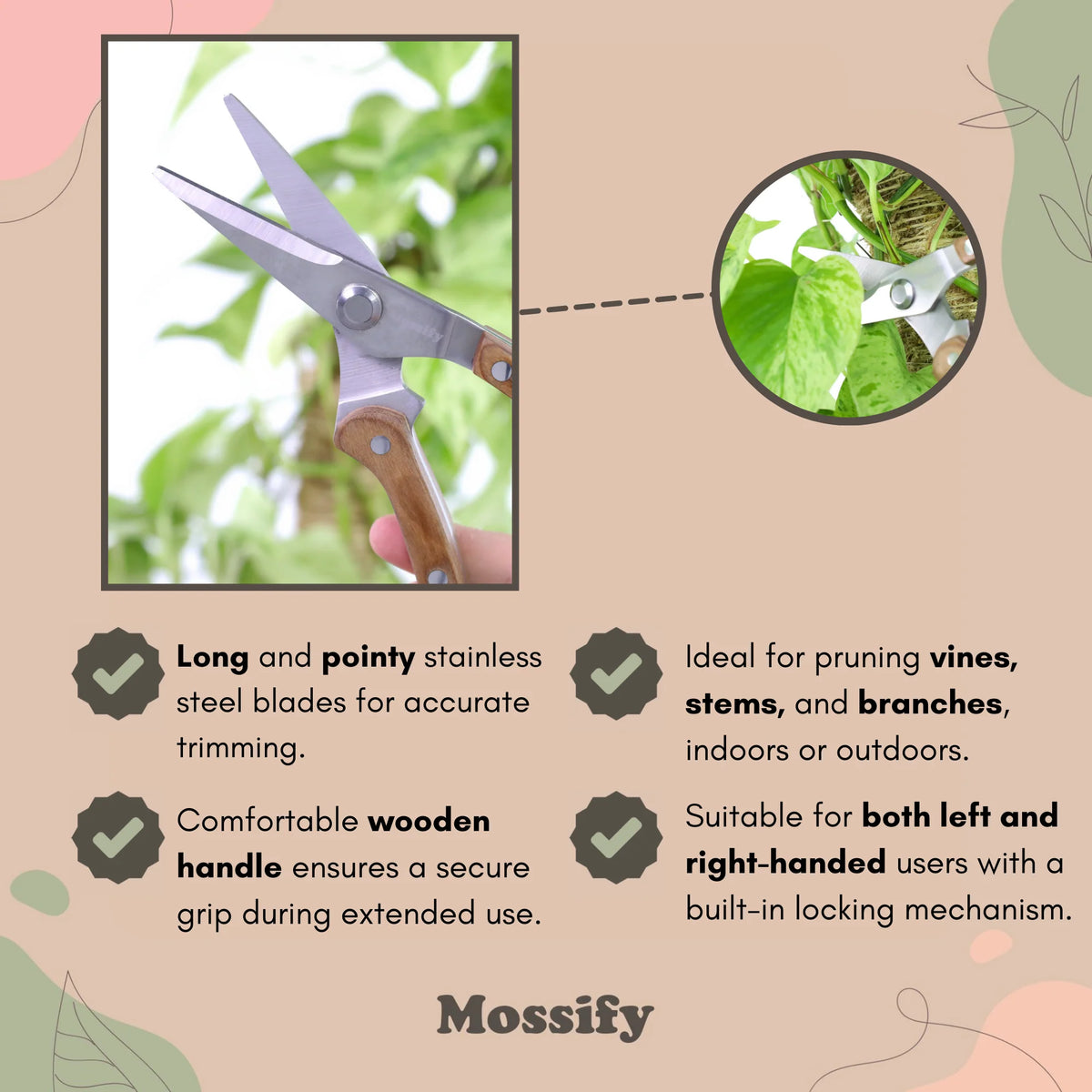 Garden Pruning Shears | Slim Stainless Steel Blades & Ergonomic Wooden Handle