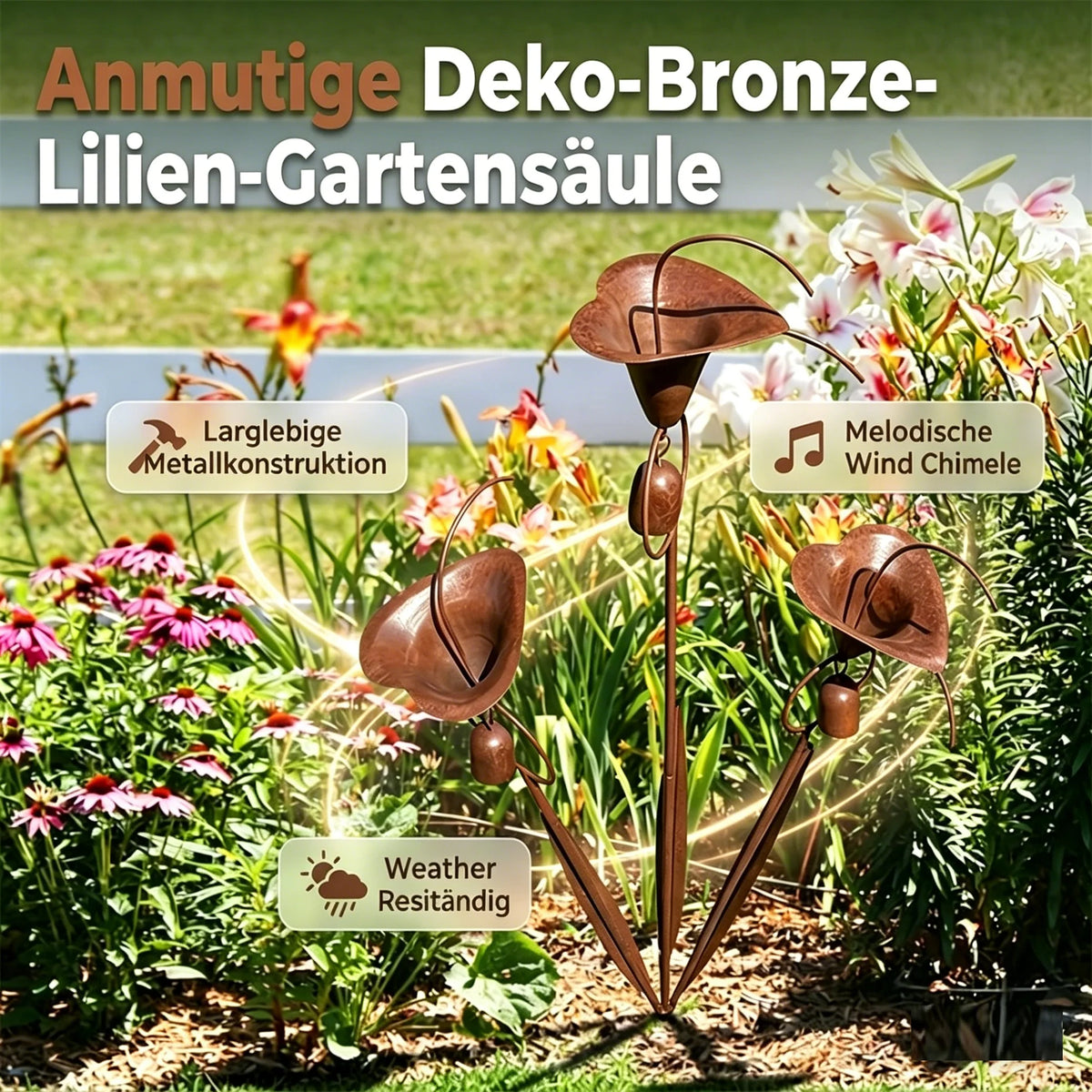 Garden Stake | Calla Lily Design, Flame-Treated Copper & Hanging Bells | 120 cm