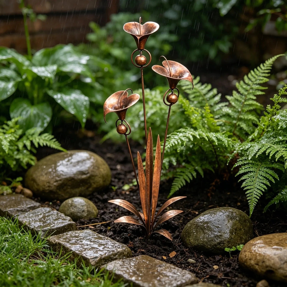 Garden Stake | Calla Lily Design, Flame-Treated Copper & Hanging Bells | 120 cm