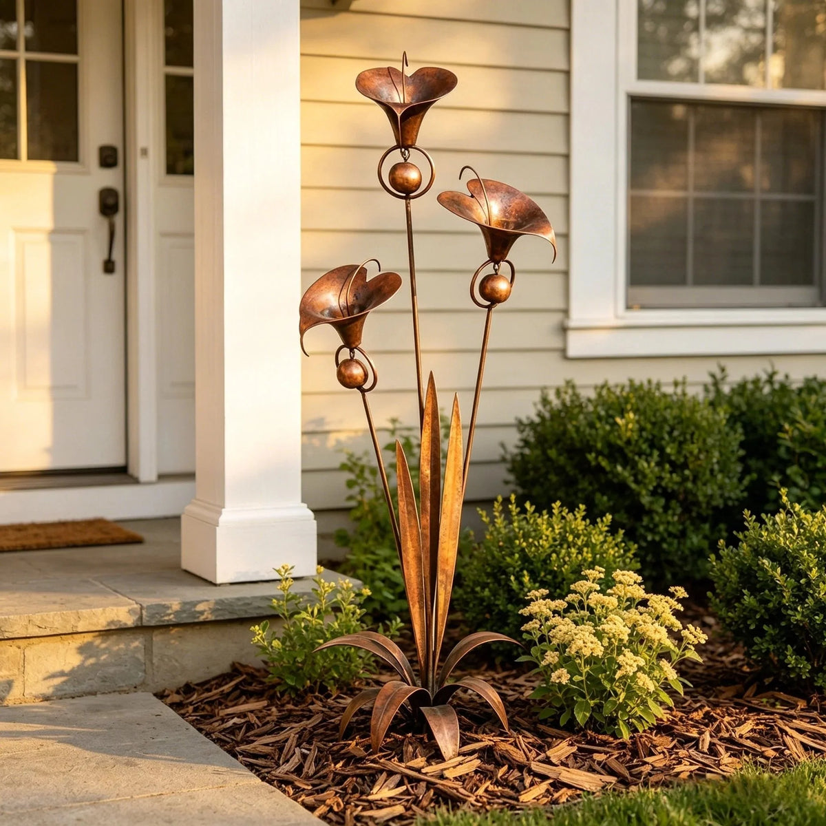 Garden Stake | Calla Lily Design, Flame-Treated Copper & Hanging Bells | 120 cm