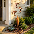 Garden Stake | Calla Lily Design, Flame-Treated Copper & Hanging Bells | 120 cm