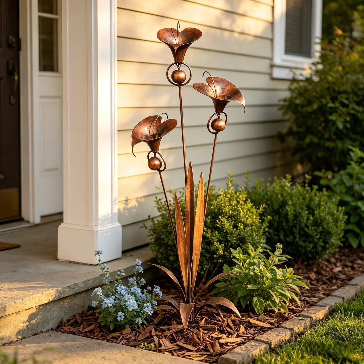 Garden Stake | Calla Lily Design, Flame-Treated Copper & Hanging Bells | 120 cm