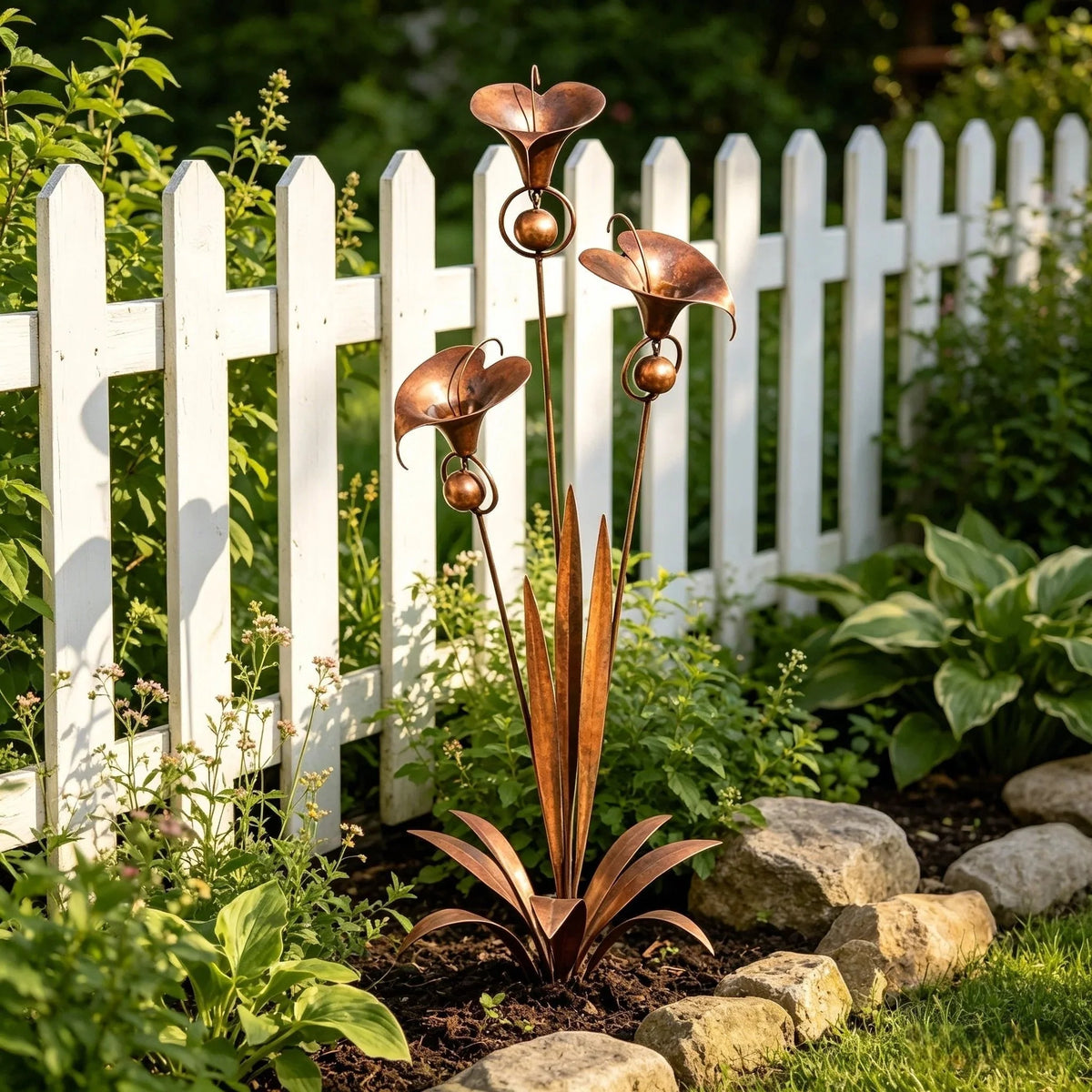 Garden Stake | Calla Lily Design, Flame-Treated Copper & Hanging Bells | 120 cm