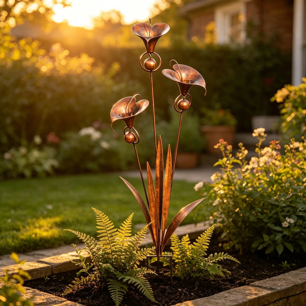 Garden Stake | Calla Lily Design, Flame-Treated Copper & Hanging Bells | 120 cm