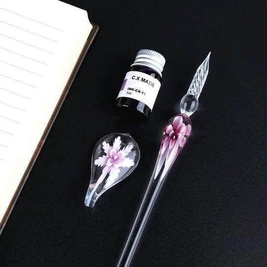 Glass Calligraphy Pen | Handmade Borosilicate & Threaded Tip | Includes Ink & Holder