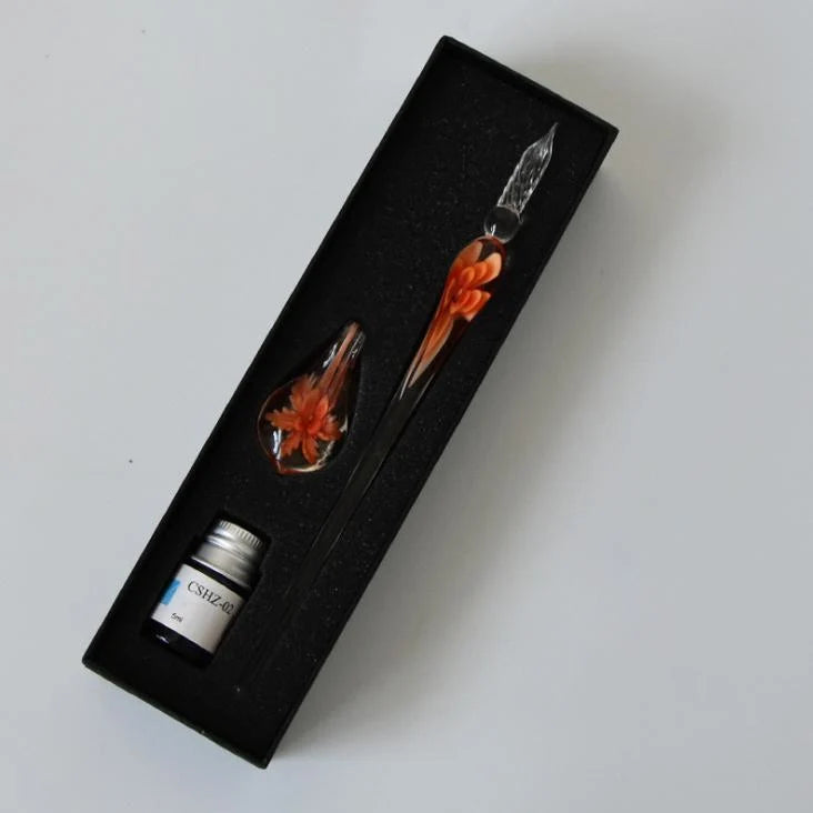 Glass Calligraphy Pen | Handmade Borosilicate & Threaded Tip | Includes Ink & Holder