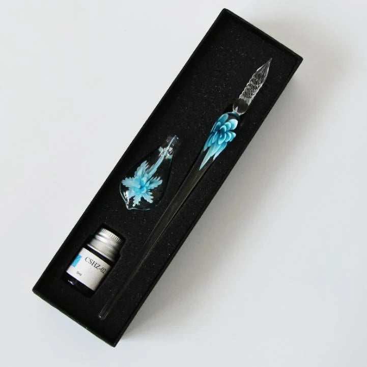 Glass Calligraphy Pen | Handmade Borosilicate & Threaded Tip | Includes Ink & Holder