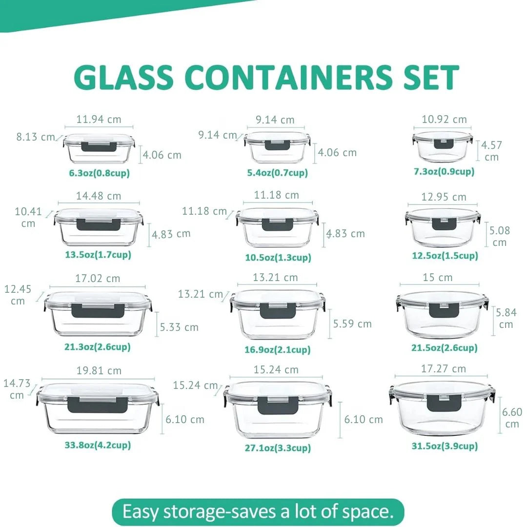 Glass Food Storage Set | Airtight & Stackable | 24-Piece