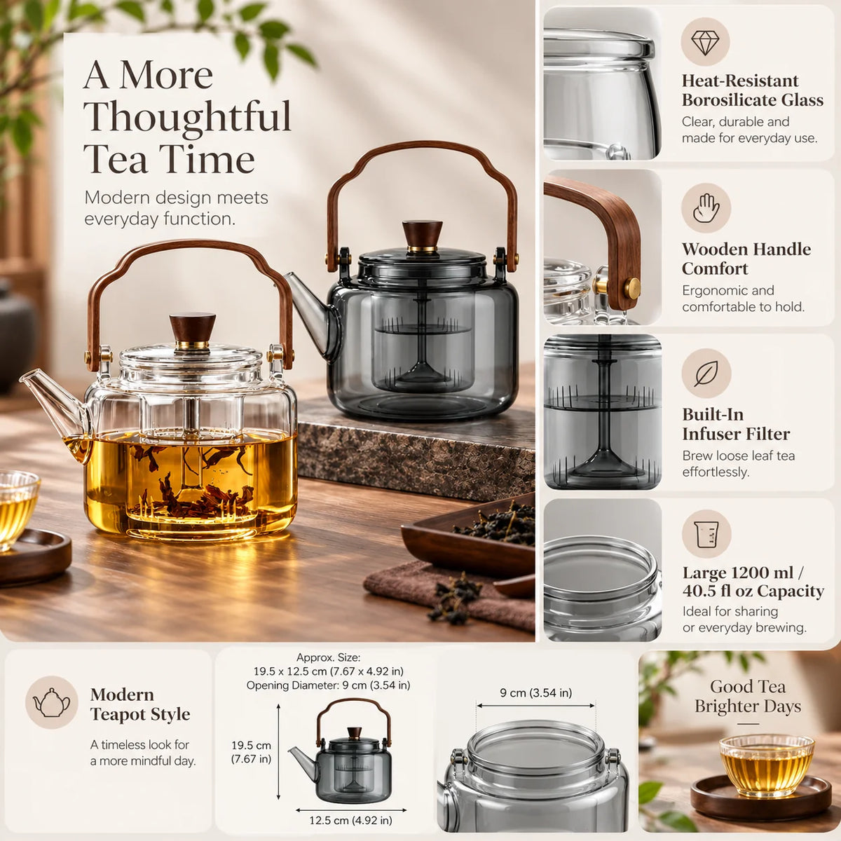Glass Teapot | Heat-Resistant Borosilicate & Built-In Infuser | 40.5 fl oz