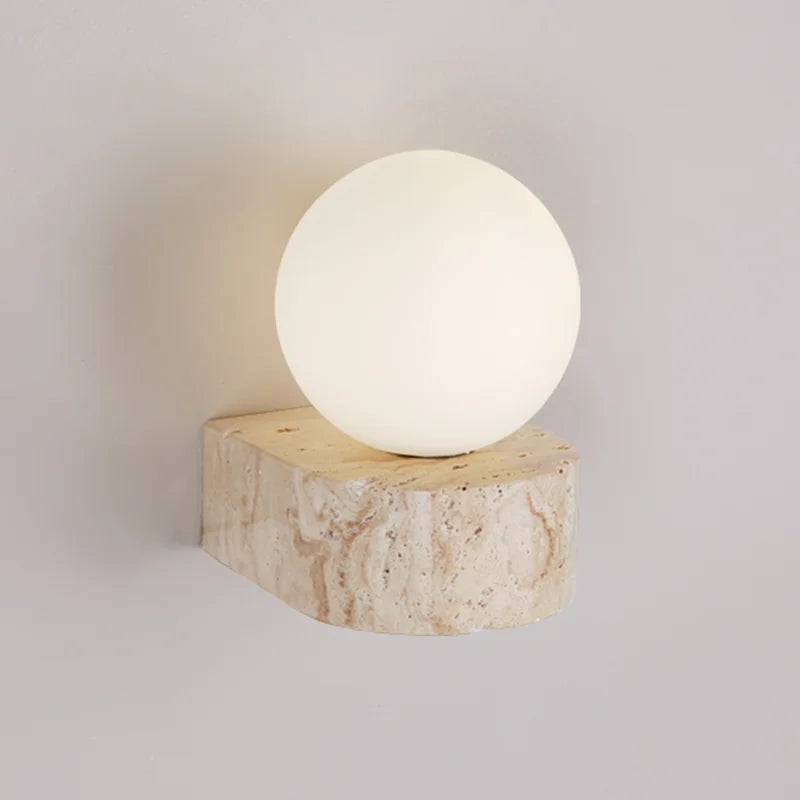 Globe Wall Light | Faux Travertine & Frosted Glass | 6 in Height