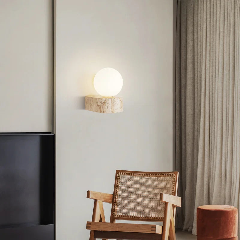 Globe Wall Light | Faux Travertine & Frosted Glass | 6 in Height