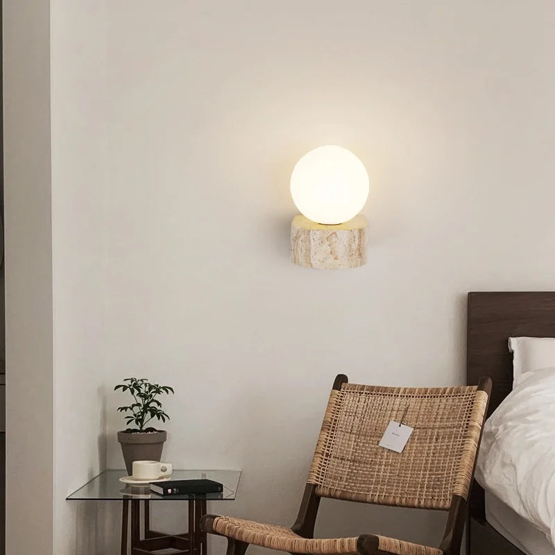 Globe Wall Light | Faux Travertine & Frosted Glass | 6 in Height