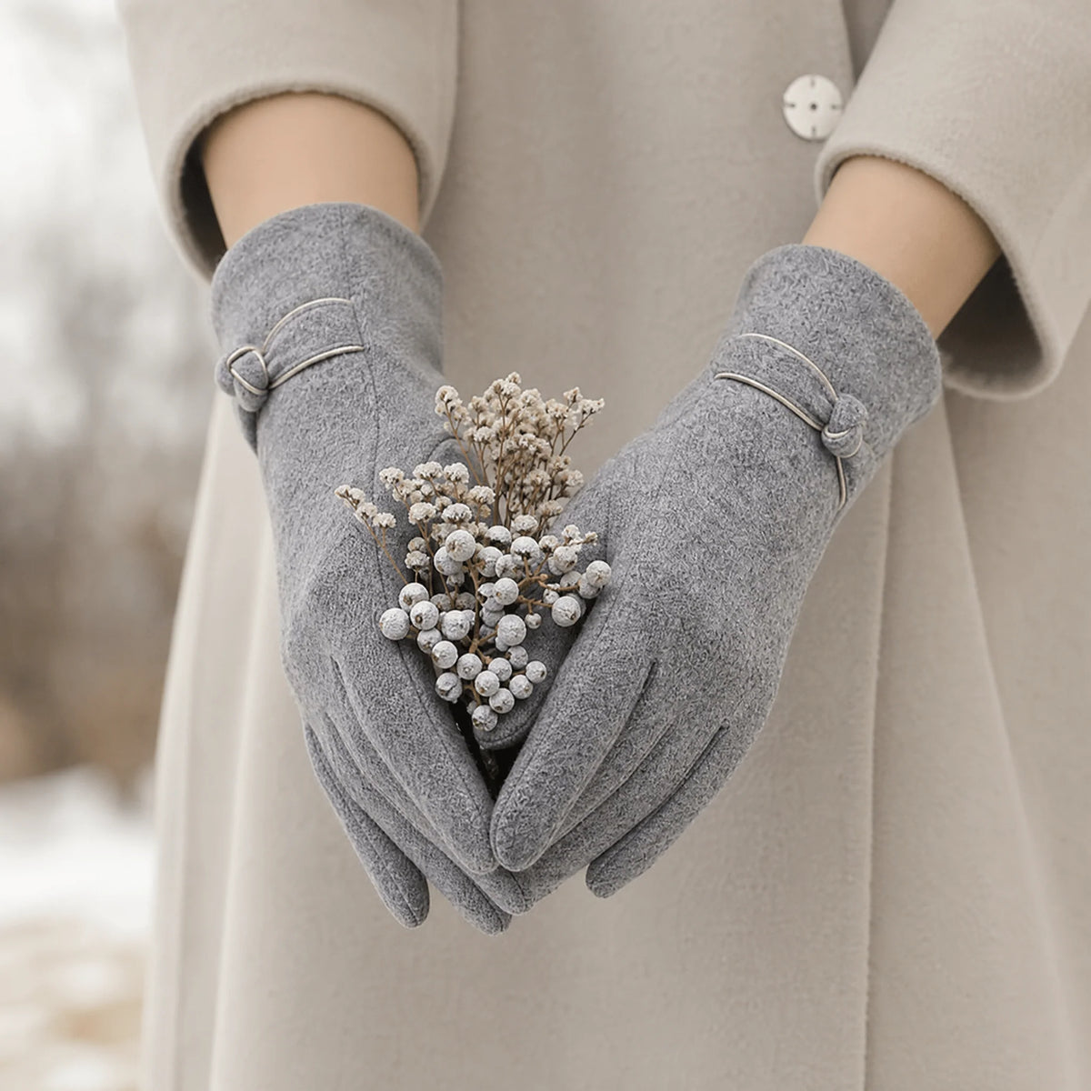 Gloves | Decorative Bow Detail & Wool-Look Fabric | One Size Fits All