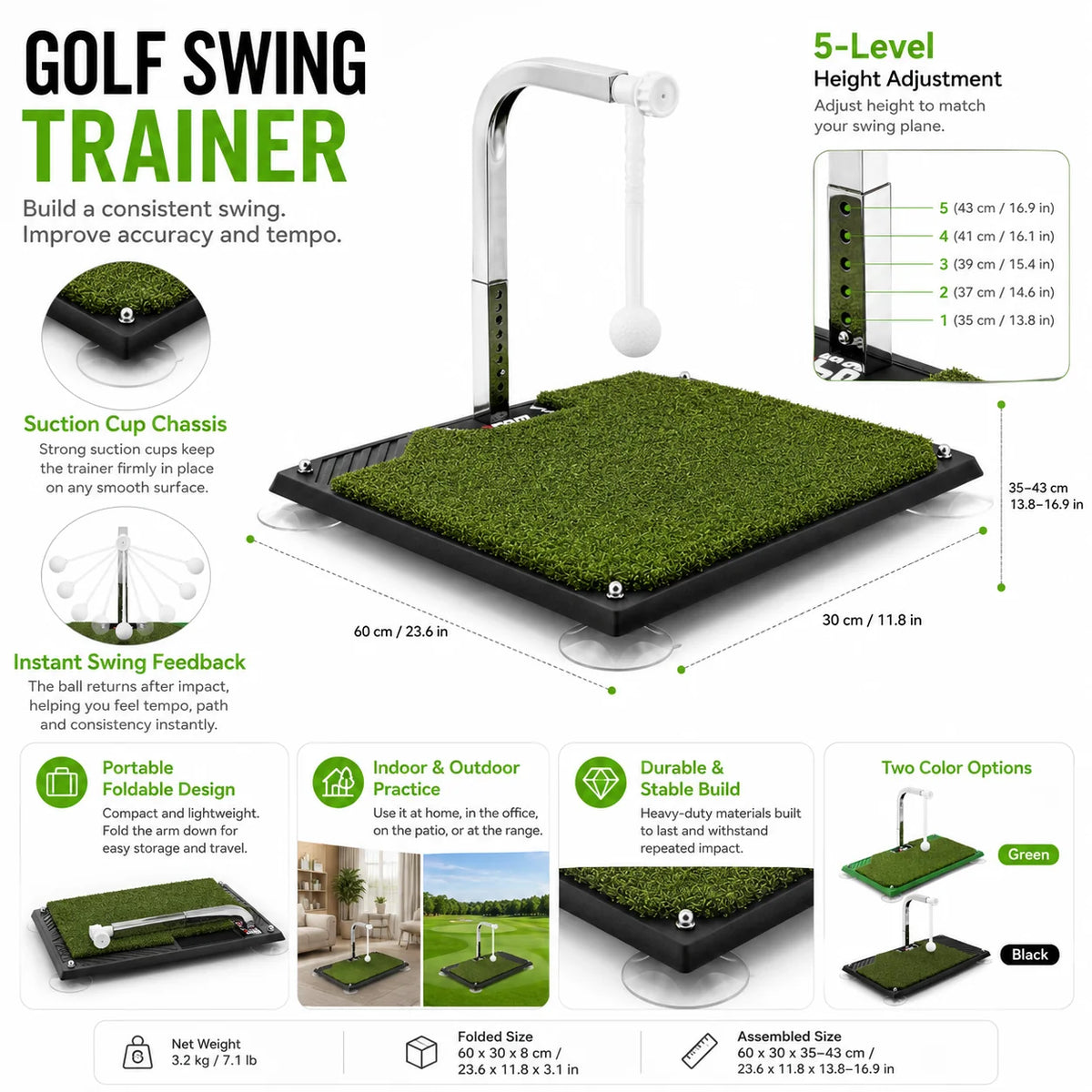Golf Swing Trainer | Adjustable Height & Tethered Ball Feedback