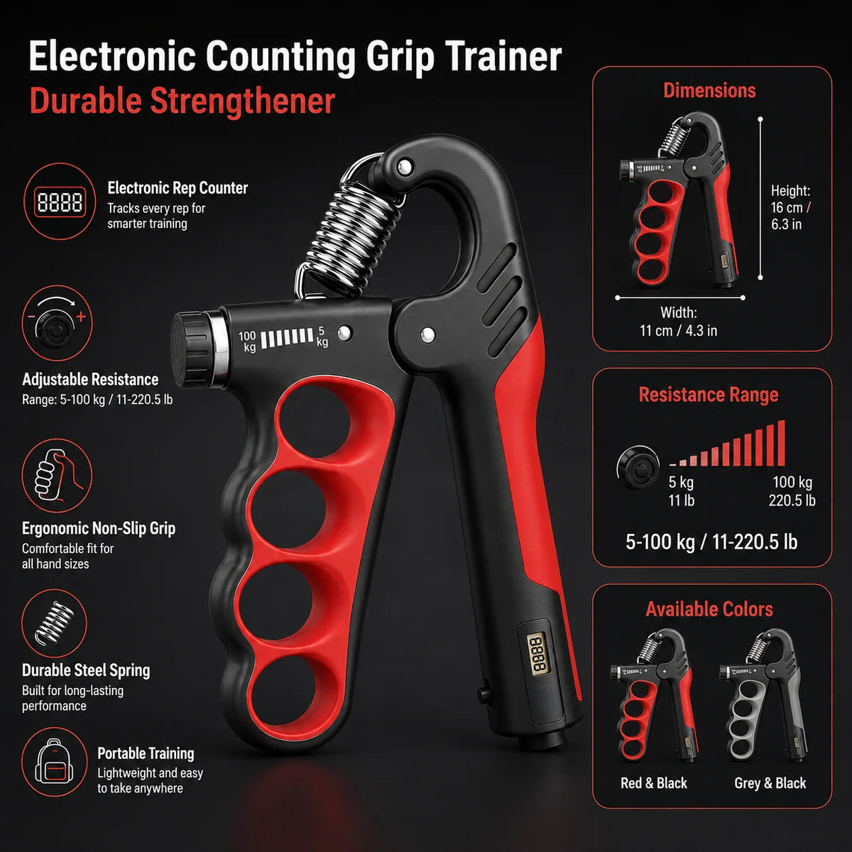 Grip Strengthener | Electronic Rep Counter & Adjustable Resistance | 11–220 lb