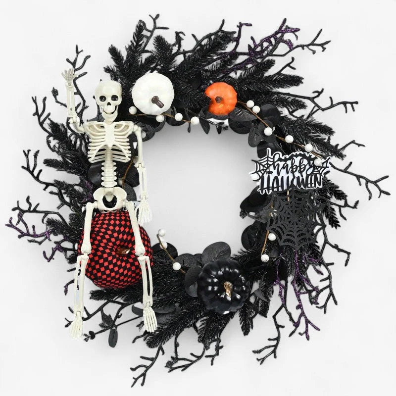 Halloween Wreath | Skeleton & Pumpkin | Lightweight Plastic