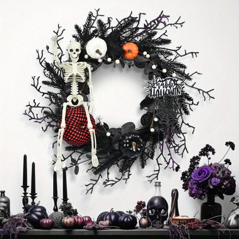 Halloween Wreath | Skeleton & Pumpkin | Lightweight Plastic