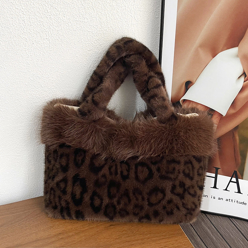 Handbag | Plush Faux Fur Leopard Print & Top Handles
