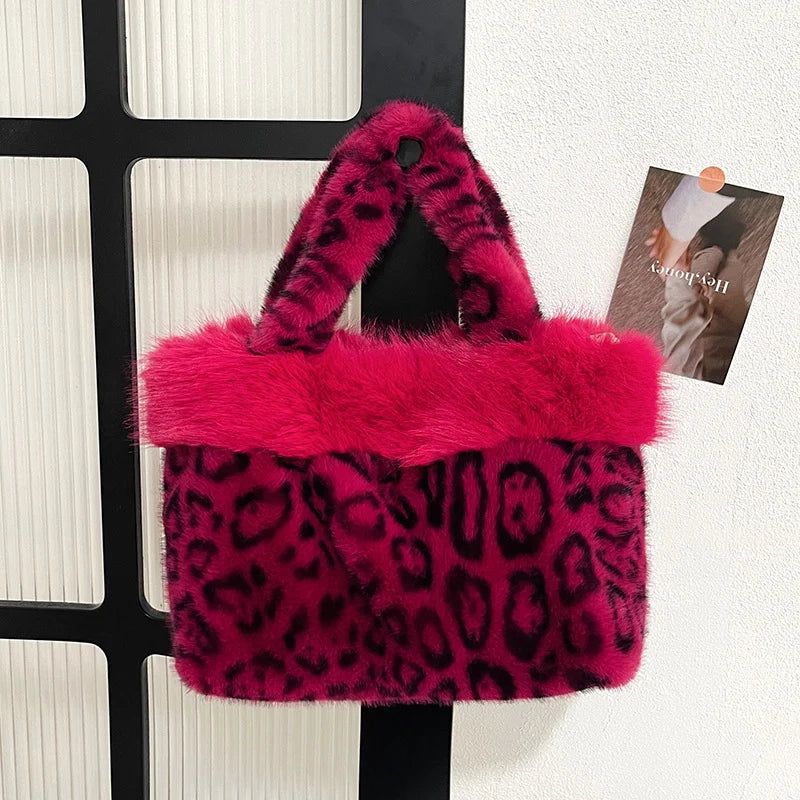 Handbag | Plush Faux Fur Leopard Print & Top Handles