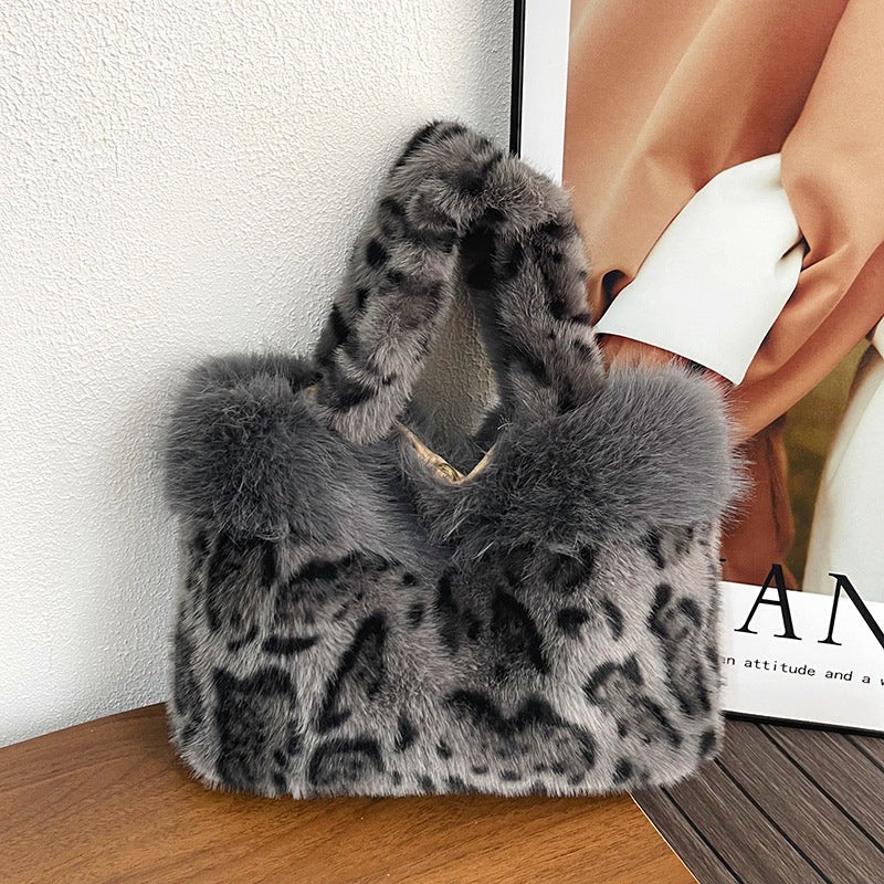 Handbag | Plush Faux Fur Leopard Print & Top Handles
