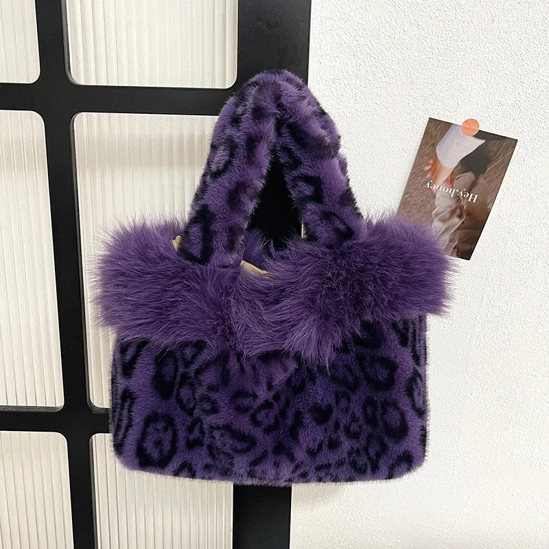 Handbag | Plush Faux Fur Leopard Print & Top Handles