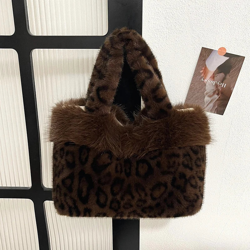 Handbag | Plush Faux Fur Leopard Print & Top Handles