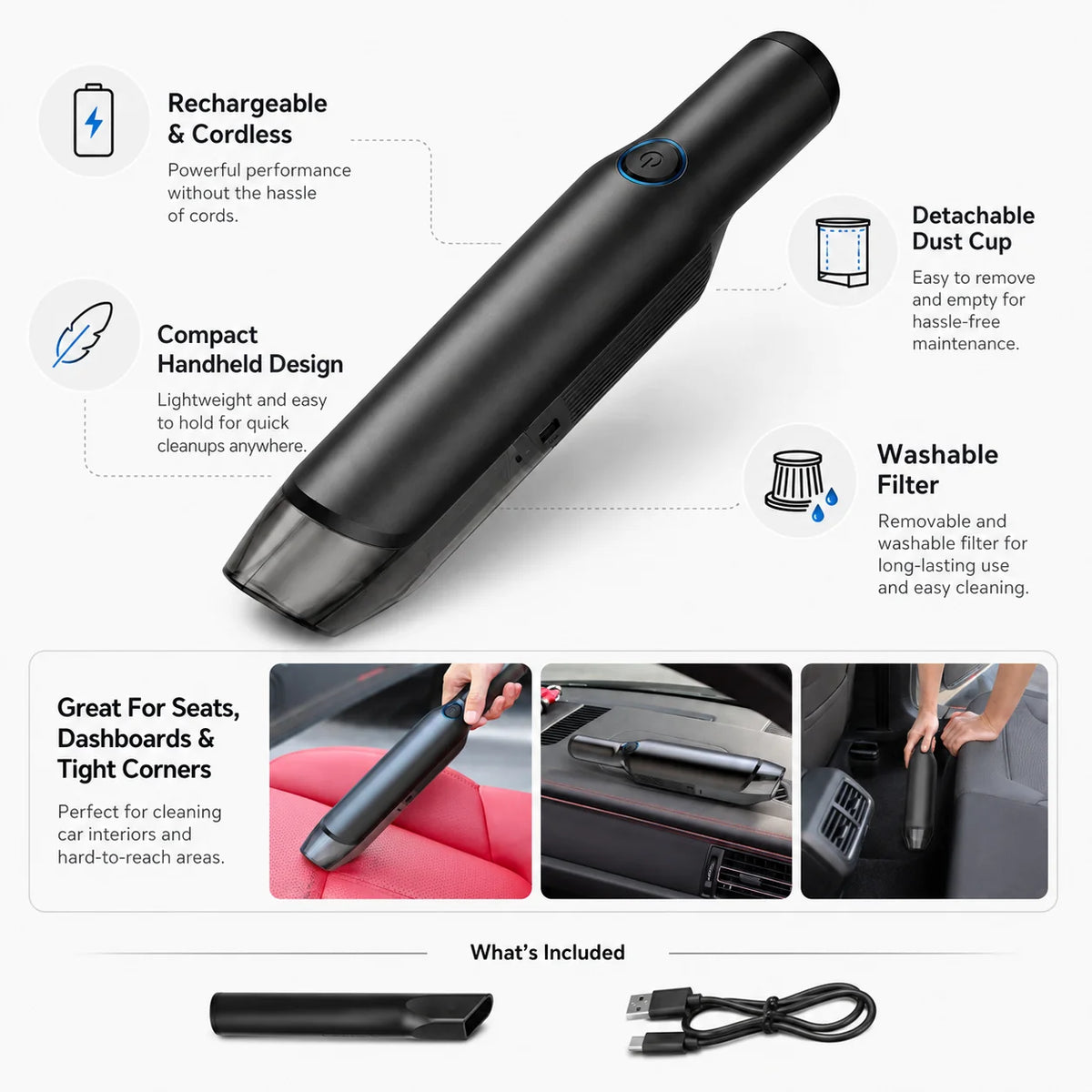 Handheld Car Vacuum | Rechargeable Cordless & Powerful Suction