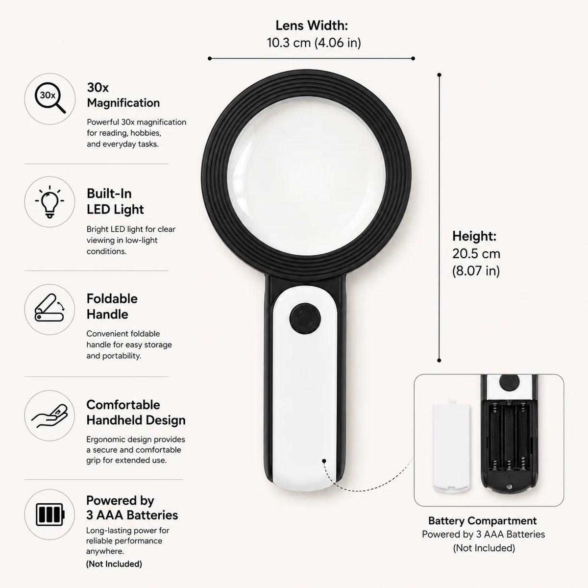 Handheld Magnifying Glass | 30x Magnification & Built-In LED | Foldable