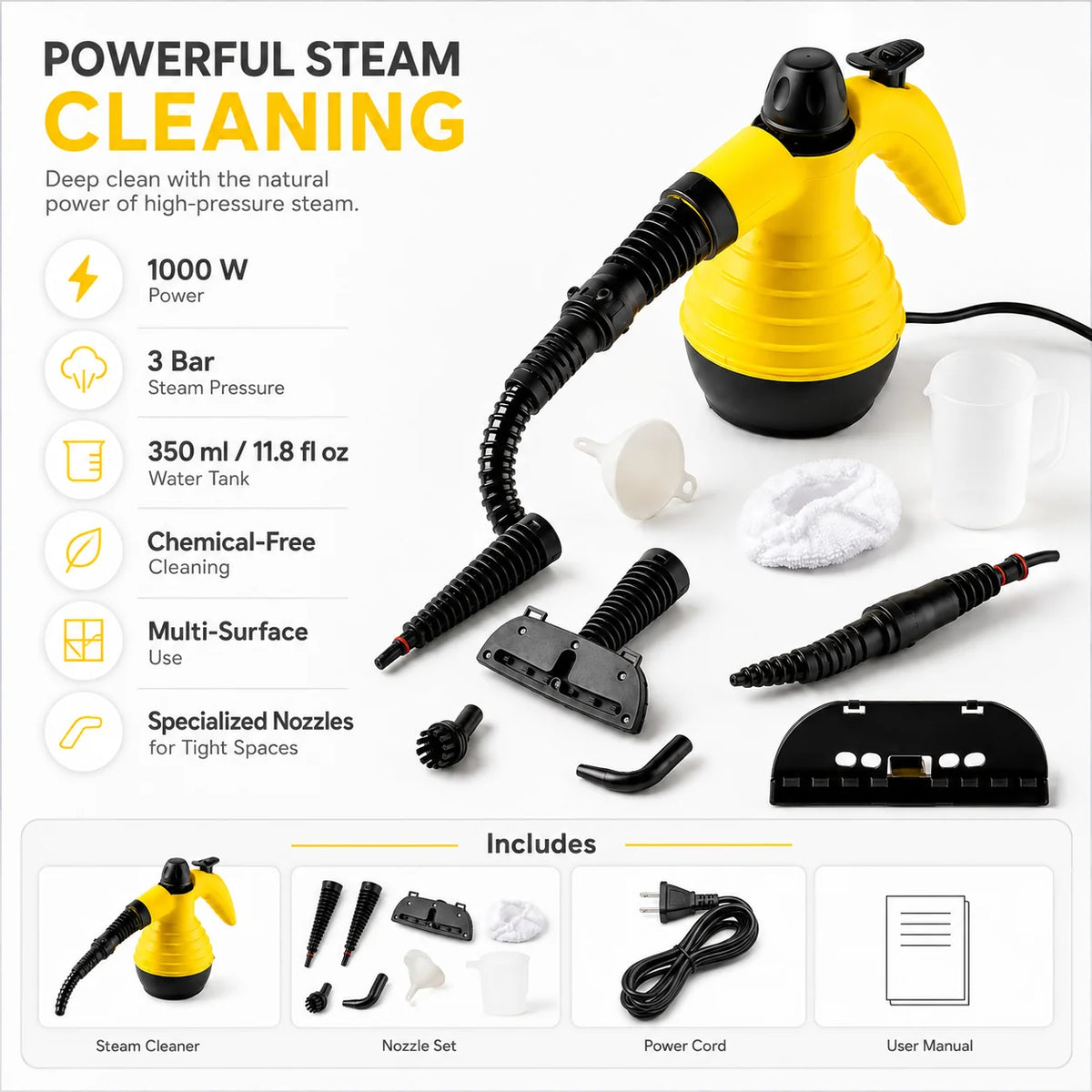 Handheld Steam Cleaner | 1000W & 3 Bar Chemical-Free Multi-Surface