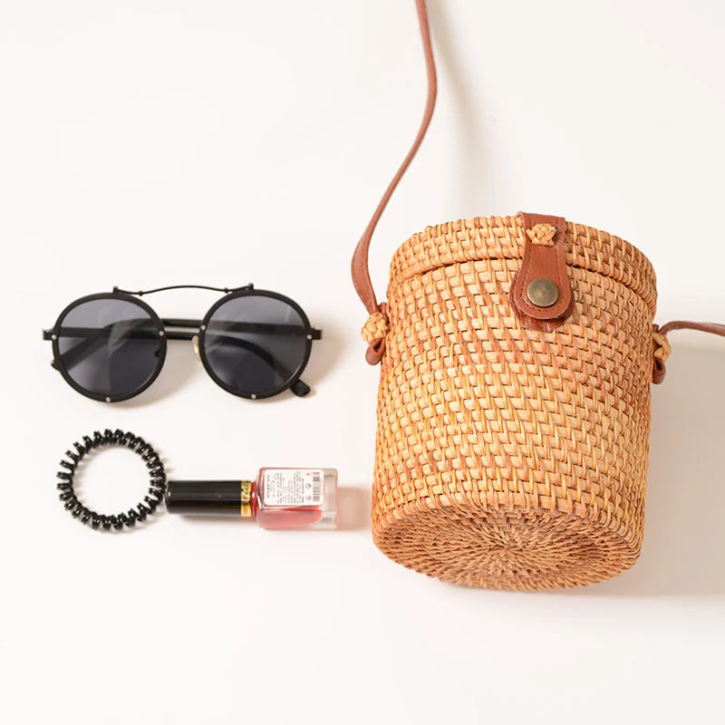Handwoven Basket | Natural Woven & Leather Handle | 14 cm Diameter