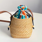 Handwoven Basket | Natural Woven & Leather Handle | 14 cm Diameter