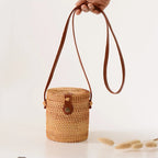 Handwoven Basket | Natural Woven & Leather Handle | 14 cm Diameter