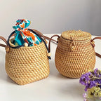 Handwoven Basket | Natural Woven & Leather Handle | 14 cm Diameter