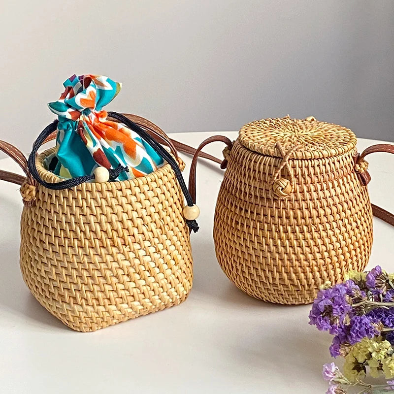 Handwoven Basket | Natural Woven & Leather Handle | 14 cm Diameter