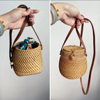 Handwoven Basket | Natural Woven & Leather Handle | 14 cm Diameter
