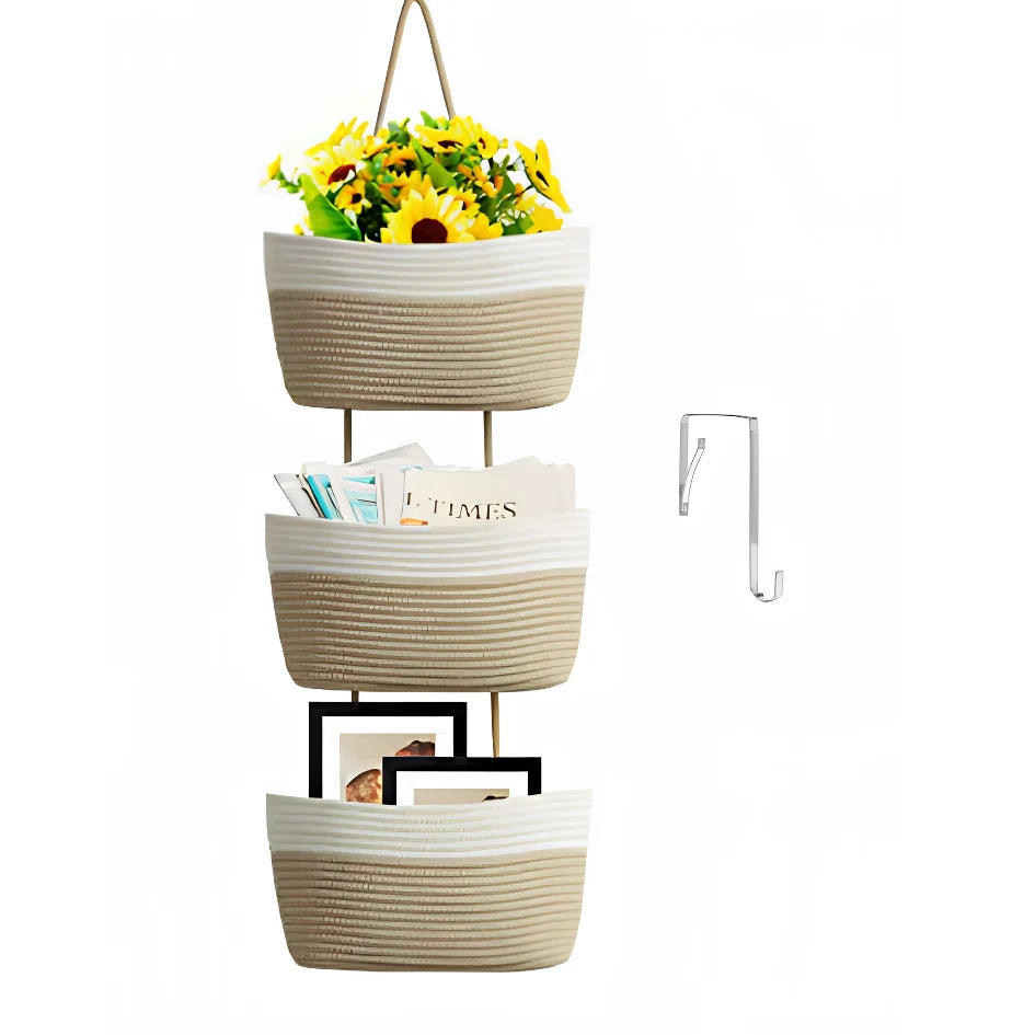 Hanging Basket Organizer | 3-Compartment Space-Saving | Door Hook Included