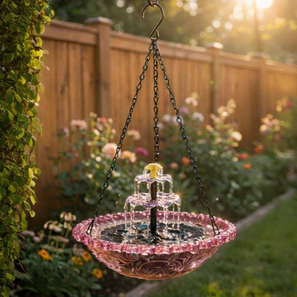 Hanging Bird Bath | Two-Tier Solar Fountain | Glass Bowl