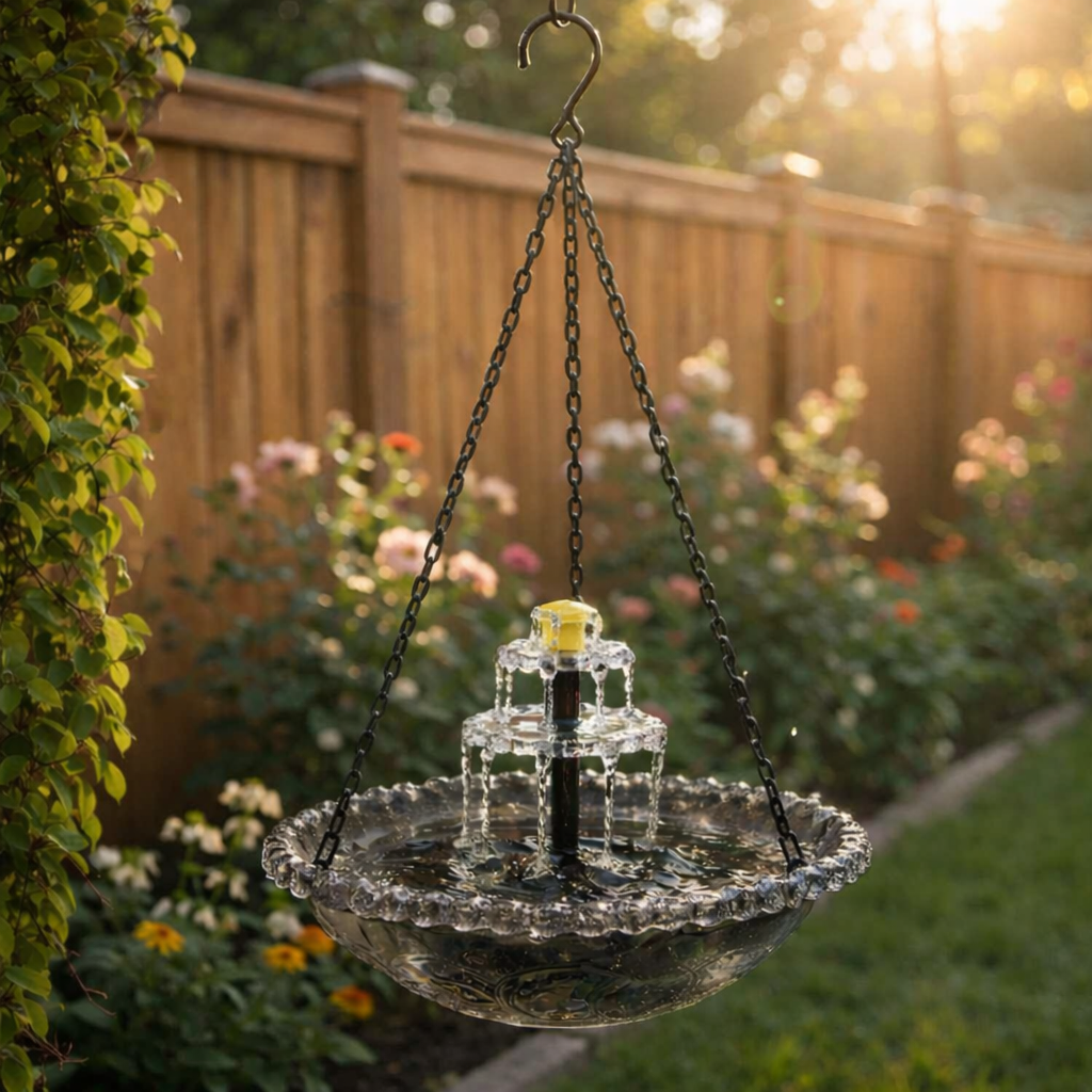 Hanging Bird Bath | Two-Tier Solar Fountain | Glass Bowl