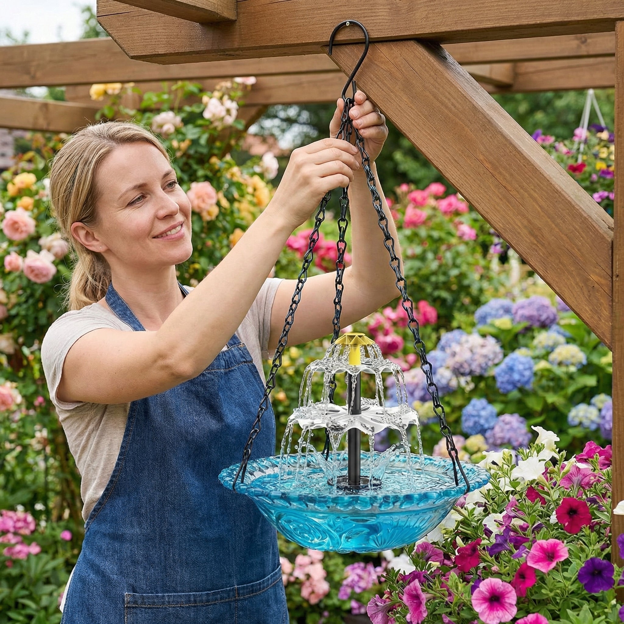Hanging Bird Bath | Two-Tier Solar Fountain | Glass Bowl
