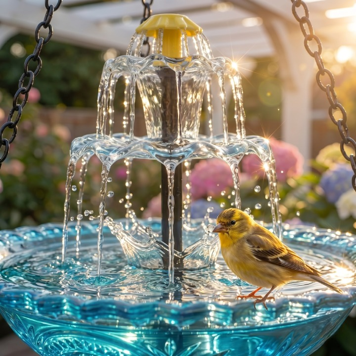 Hanging Bird Bath | Two-Tier Solar Fountain | Glass Bowl