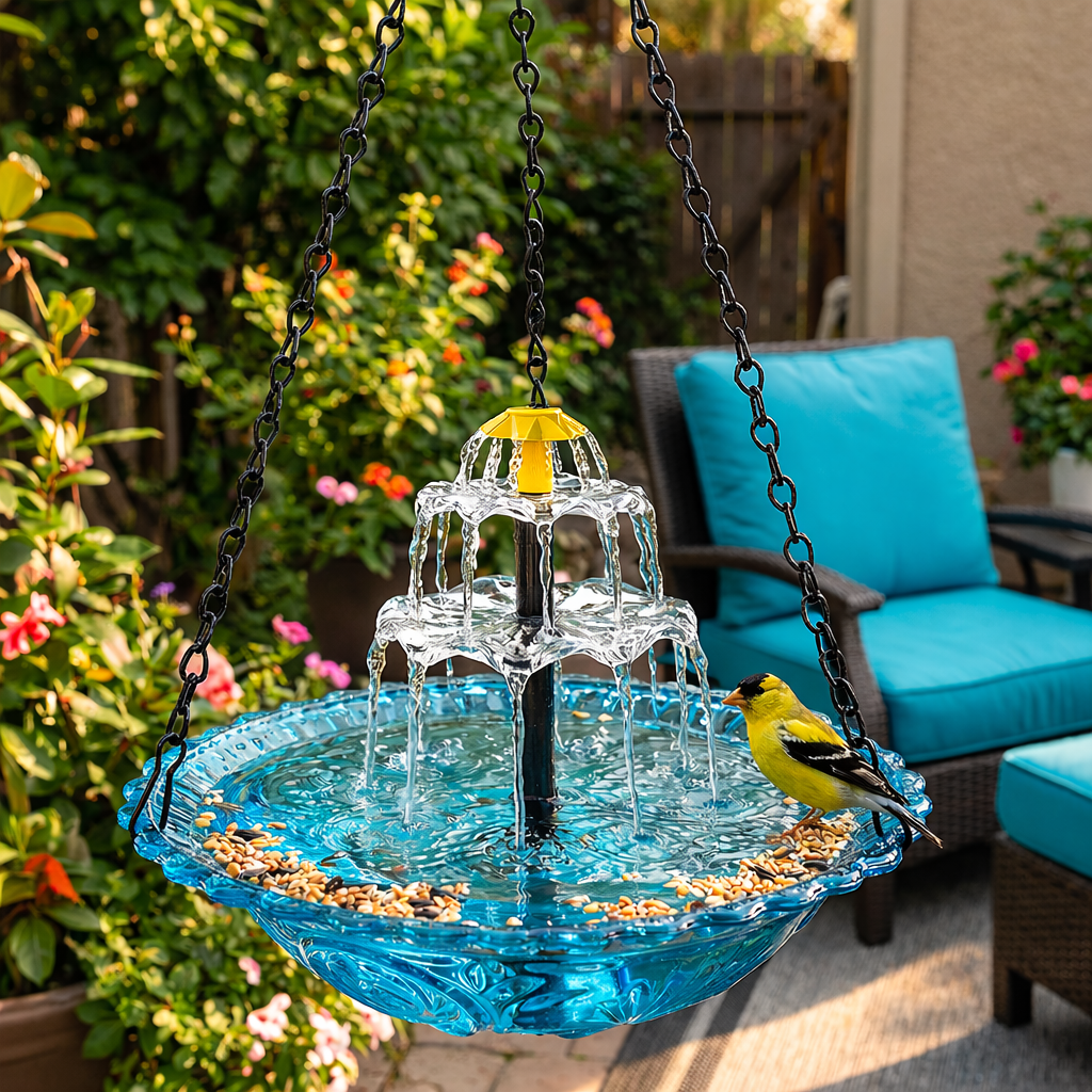 Hanging Bird Bath | Two-Tier Solar Fountain | Glass Bowl
